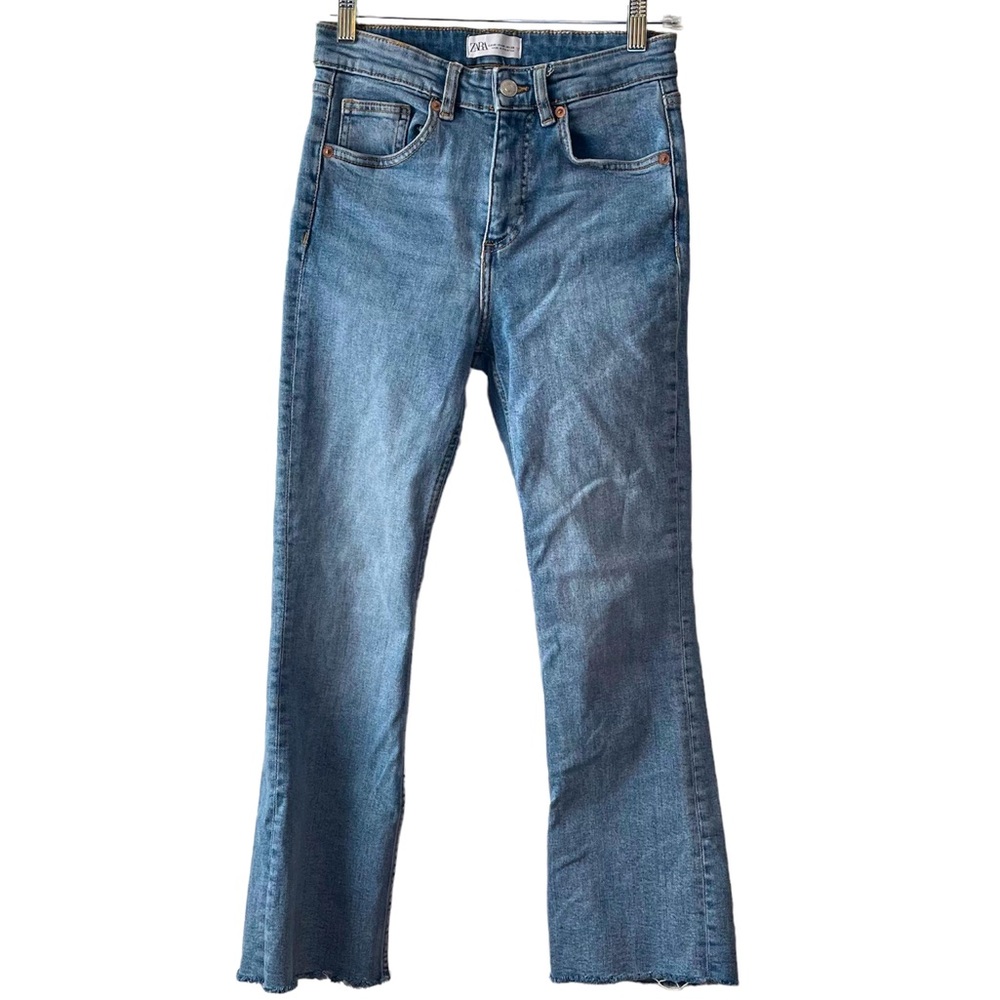 Zara Cropped Jeans Raw Hem Ankle Blue Denim Women's Size 4